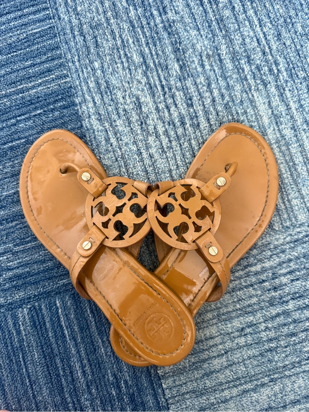 Tory Burch Cognac Patent Leather Logo Thong Sandals